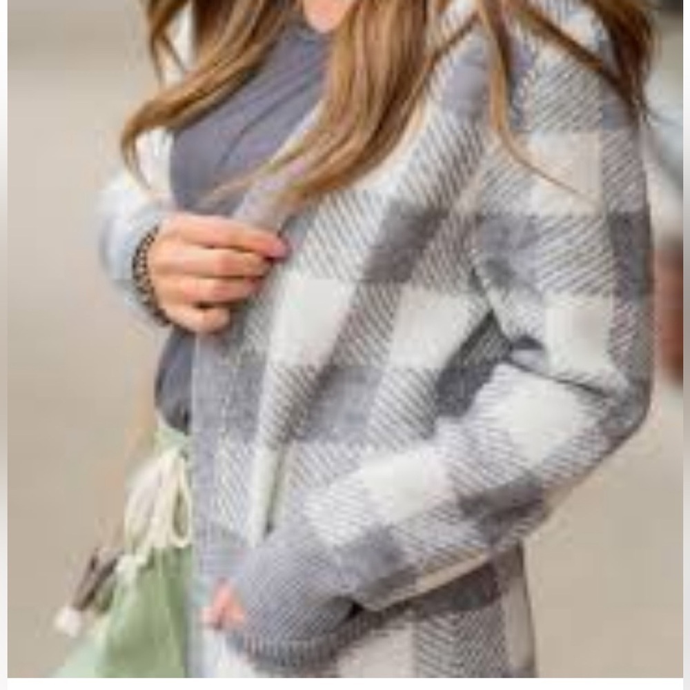 William Rast Ivory Gray Plaid Open Front Cardigan Sweater Womens Size Medium